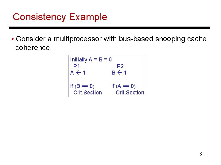 Consistency Example • Consider a multiprocessor with bus-based snooping cache coherence Initially A =