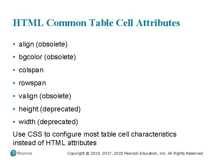 HTML Common Table Cell Attributes • align (obsolete) • bgcolor (obsolete) • colspan • HTML Common Table Cell Attributes • align (obsolete) • bgcolor (obsolete) • colspan •
