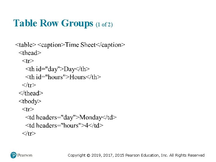Table Row Groups (1 of 2) Copyright © 2019, 2017, 2015 Pearson Education, Inc.