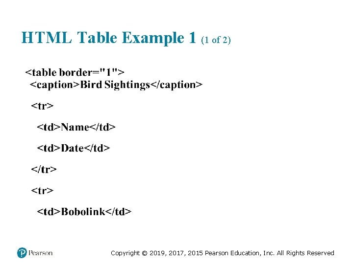 HTML Table Example 1 (1 of 2) Copyright © 2019, 2017, 2015 Pearson Education, HTML Table Example 1 (1 of 2) Copyright © 2019, 2017, 2015 Pearson Education,