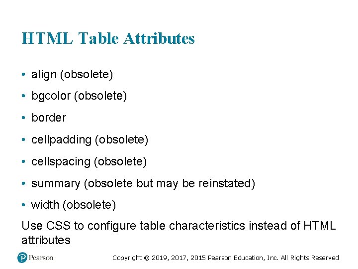 HTML Table Attributes • align (obsolete) • bgcolor (obsolete) • border • cellpadding (obsolete) HTML Table Attributes • align (obsolete) • bgcolor (obsolete) • border • cellpadding (obsolete)