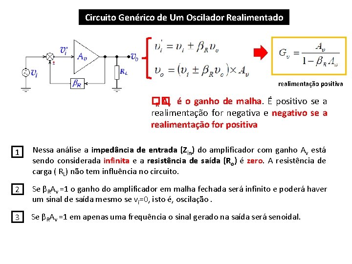 Circuito Genérico de Um Oscilador Realimentado realimentação positiva �� R Av é o ganho