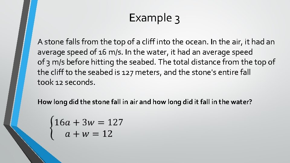 Example 3 A stone falls from the top of a cliff into the ocean.