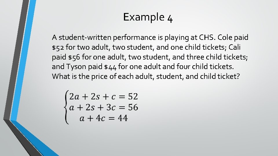 Example 4 A student-written performance is playing at CHS. Cole paid $52 for two
