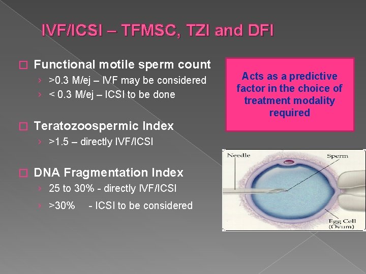 IVF/ICSI – TFMSC, TZI and DFI � Functional motile sperm count › >0. 3