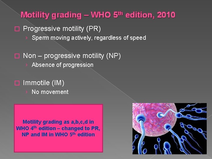 Motility grading – WHO 5 th edition, 2010 � Progressive motility (PR) › Sperm