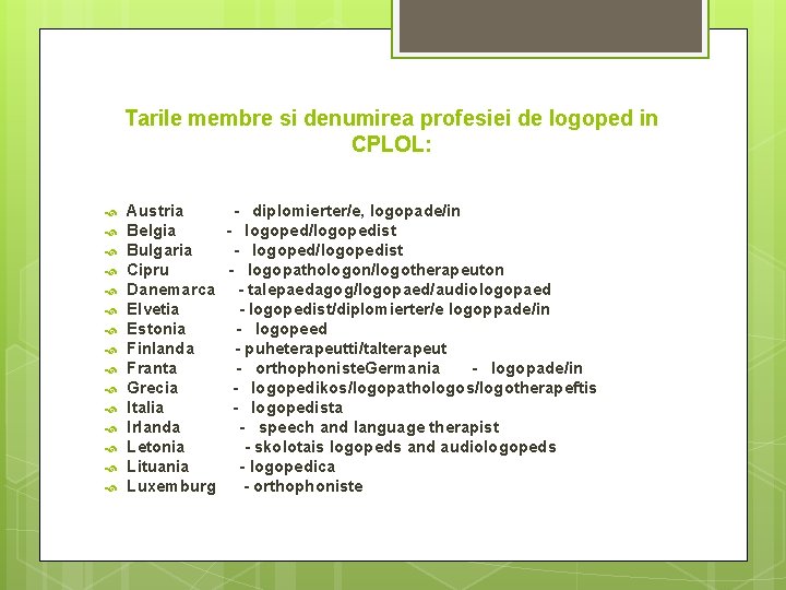 Tarile membre si denumirea profesiei de logoped in CPLOL: Austria Belgia Bulgaria Cipru Danemarca
