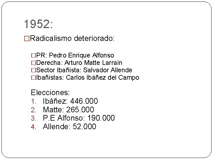 1952: �Radicalismo deteriorado: �PR: Pedro Enrique Alfonso �Derecha: Arturo Matte Larraín �Sector Ibañista: Salvador