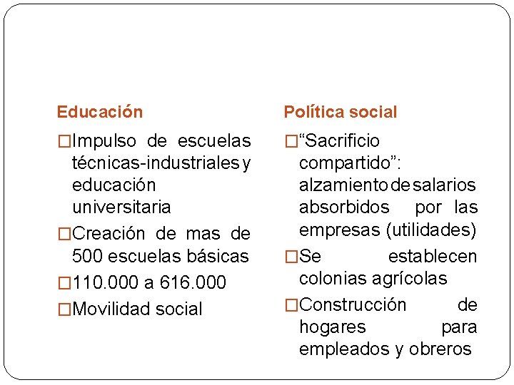 Educación Política social �Impulso de escuelas �“Sacrificio técnicas-industriales y educación universitaria �Creación de mas