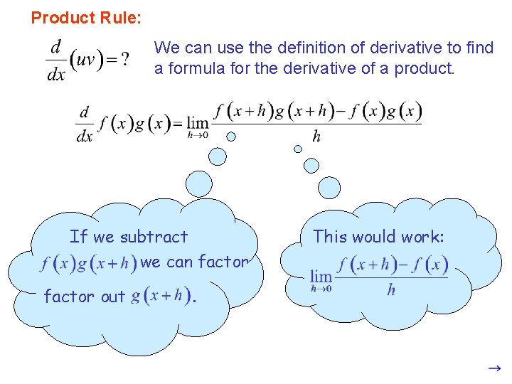 Product Rule: We can use the definition of derivative to find a formula for