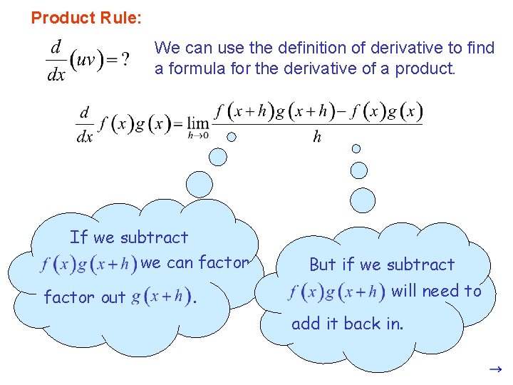 Product Rule: We can use the definition of derivative to find a formula for