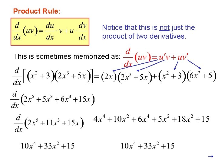 Product Rule: Notice that this is not just the product of two derivatives. This