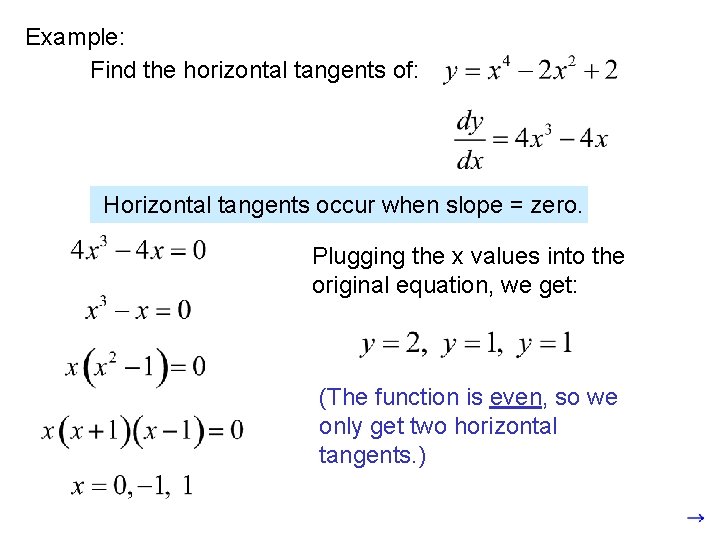 Example: Find the horizontal tangents of: Horizontal tangents occur when slope = zero. Plugging