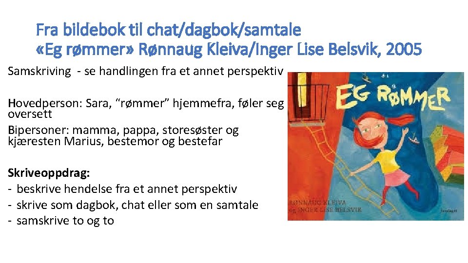 Fra bildebok til chat/dagbok/samtale «Eg rømmer» Rønnaug Kleiva/Inger Lise Belsvik, 2005 Samskriving - se