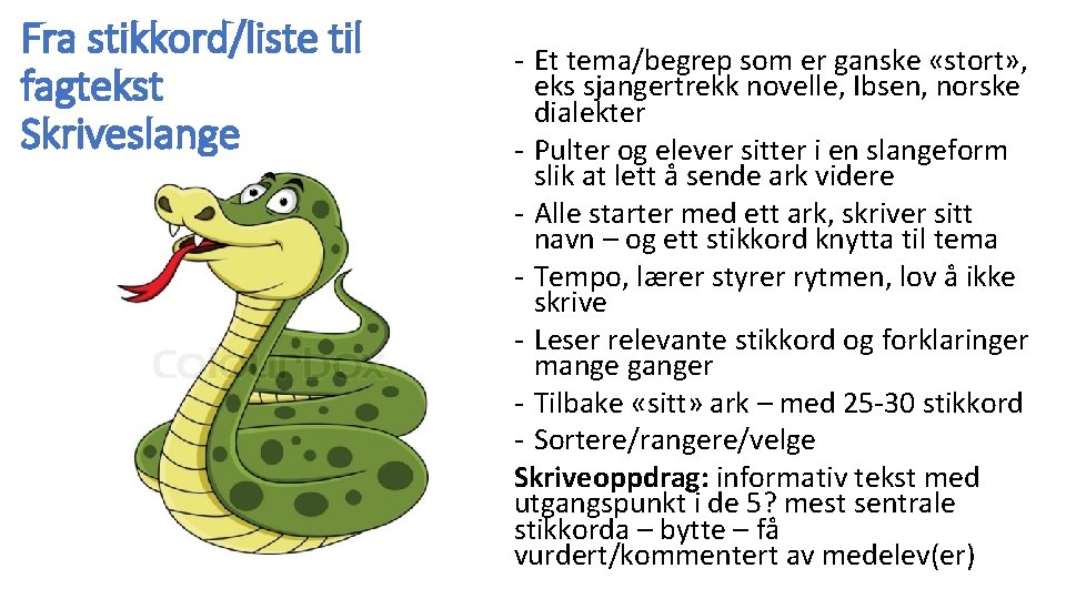 Fra stikkord/liste til fagtekst Skriveslange - Et tema/begrep som er ganske «stort» , eks