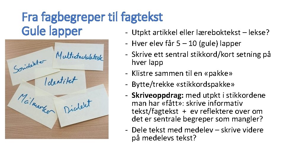 Fra fagbegreper til fagtekst Gule lapper - Utpkt artikkel eller læreboktekst – lekse? -