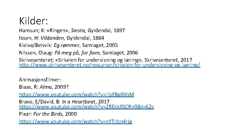 Kilder: Hamsun; K: «Ringen» , Siesta, Gyldendal, 1897 Ibsen, H: Vildanden, Gyldendal, 1884 Kleiva/Belsvik: