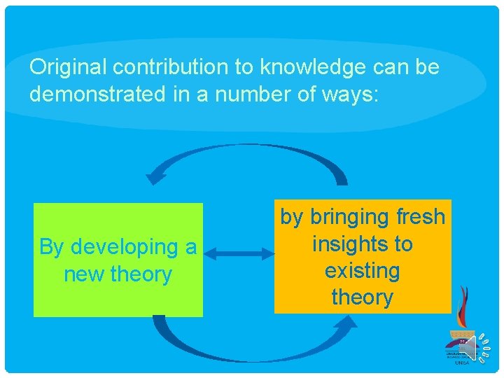 Original contribution to knowledge can be demonstrated in a number of ways: By developing