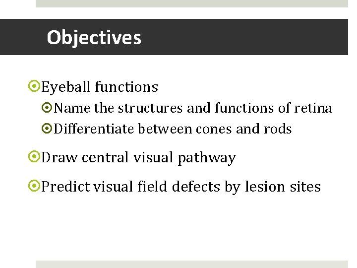 Objectives Eyeball functions Name the structures and functions of retina Differentiate between cones and