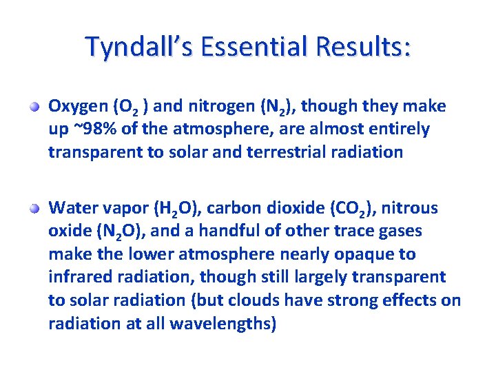 Tyndall’s Essential Results: Oxygen (O 2 ) and nitrogen (N 2), though they make
