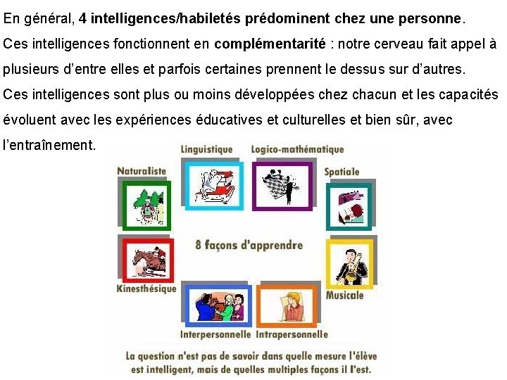 En général, 4 intelligences/habiletés prédominent chez une personne. Ces intelligences fonctionnent en complémentarité :
