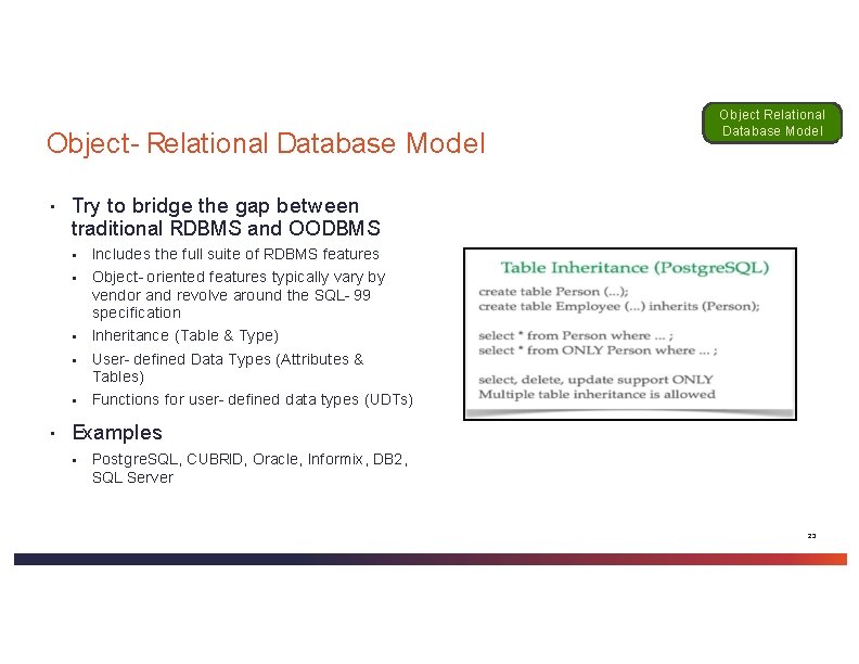 Object- Relational Database Model ▪ Object Relational Database Model Try to bridge the gap Object- Relational Database Model ▪ Object Relational Database Model Try to bridge the gap