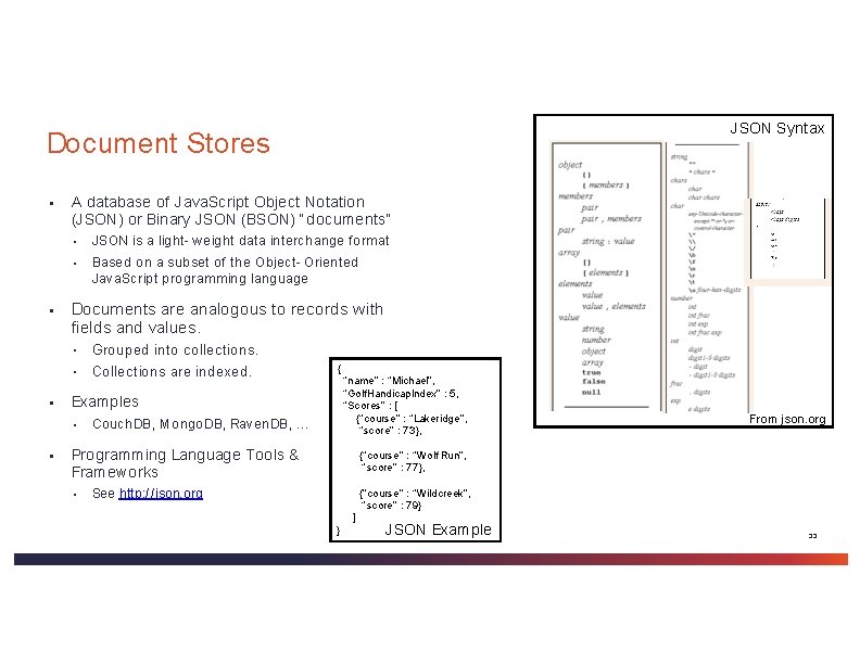 JSON Syntax Document Stores ▪ ▪ ▪ A database of Java. Script Object Notation JSON Syntax Document Stores ▪ ▪ ▪ A database of Java. Script Object Notation