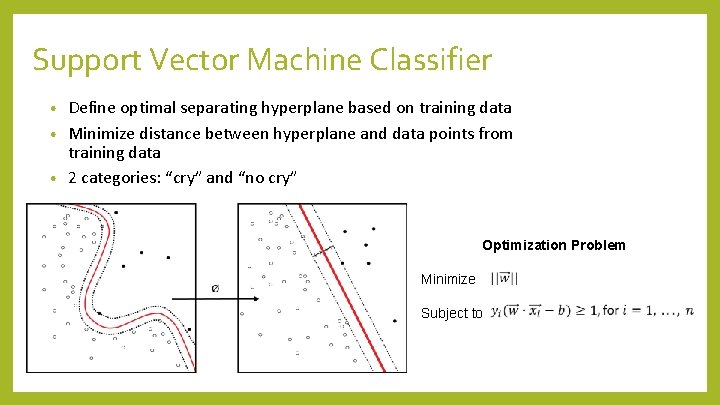 Support Vector Machine Classifier Define optimal separating hyperplane based on training data • Minimize