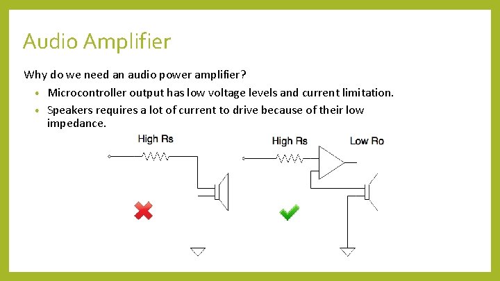 Audio Amplifier Why do we need an audio power amplifier? • Microcontroller output has