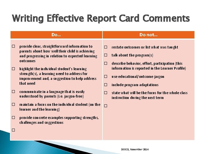 Writing Effective Report Card Comments Do… provide clear, straightforward information to parents about how