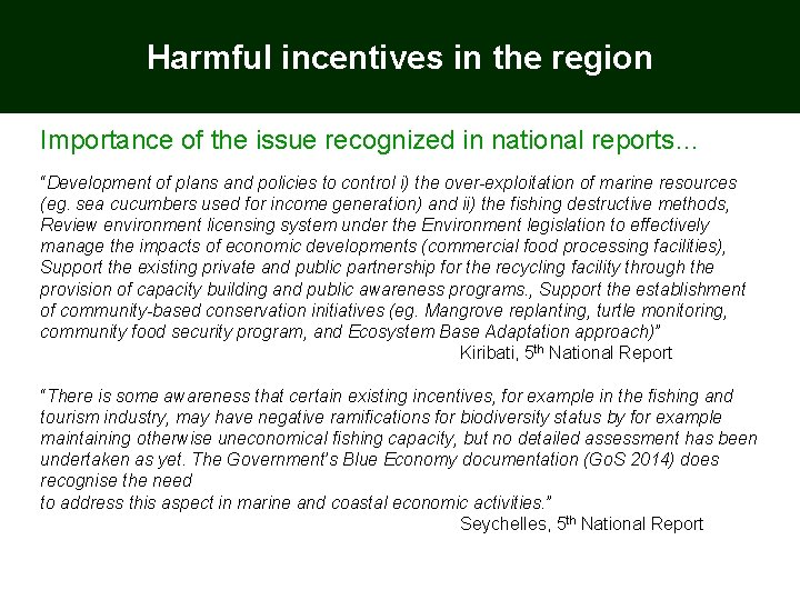 Harmful incentives in the region Importance of the issue recognized in national reports… “Development