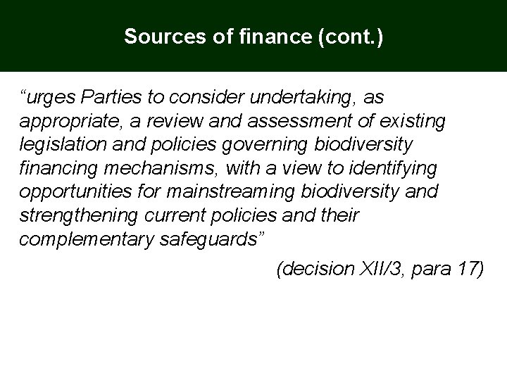 Sources of finance (cont. ) “urges Parties to consider undertaking, as appropriate, a review