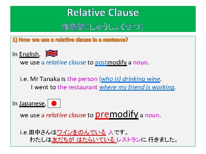 Relative Clause 修飾節（しゅうしょくせつ） 1) How we use a relative clause in a sentence? In
