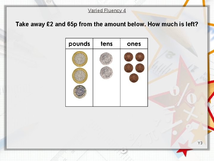 Varied Fluency 4 Take away £ 2 and 65 p from the amount below.