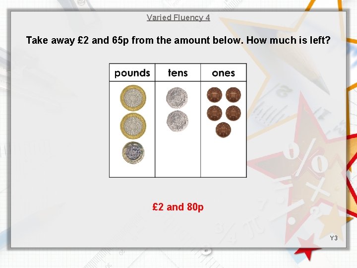 Varied Fluency 4 Take away £ 2 and 65 p from the amount below.