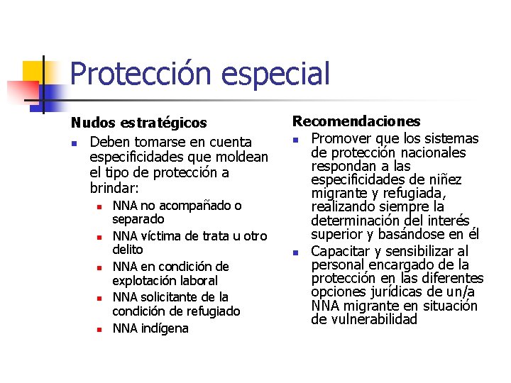 Protección especial Nudos estratégicos n Deben tomarse en cuenta especificidades que moldean el tipo