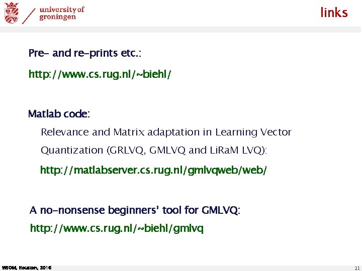 links Pre- and re-prints etc. : http: //www. cs. rug. nl/~biehl/ Matlab code: Relevance