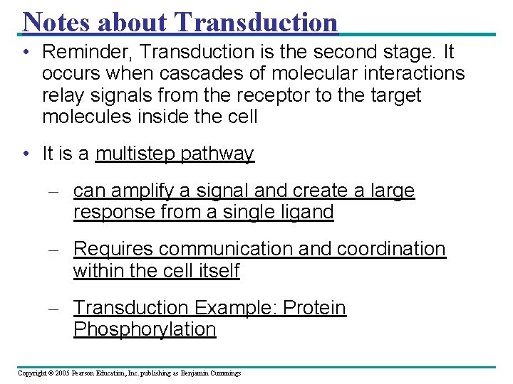 Notes about Transduction • Reminder, Transduction is the second stage. It occurs when cascades