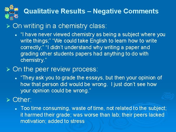 Qualitative Results – Negative Comments Ø On writing in a chemistry class: l Ø