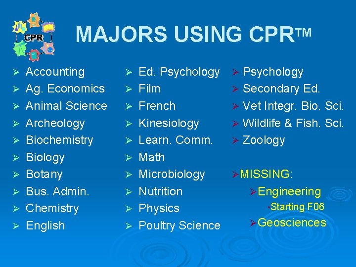 MAJORS USING CPRTM Ø Ø Ø Ø Ø Accounting Ag. Economics Animal Science Archeology