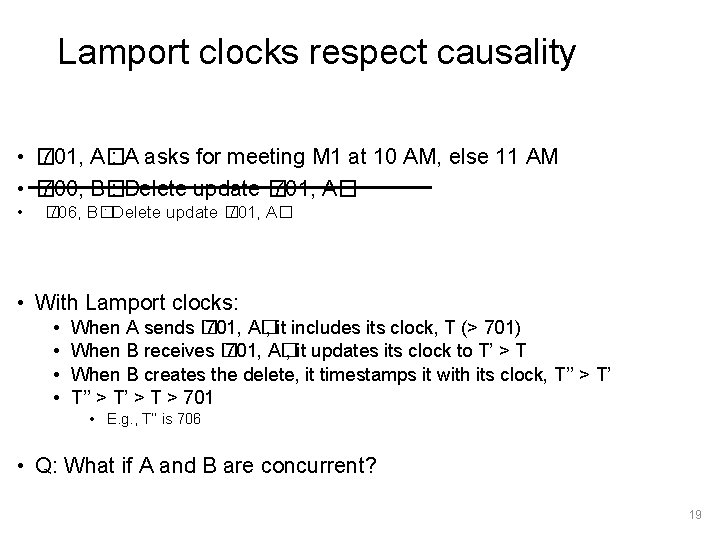 Lamport clocks respect causality • � 701, A� : A asks for meeting M