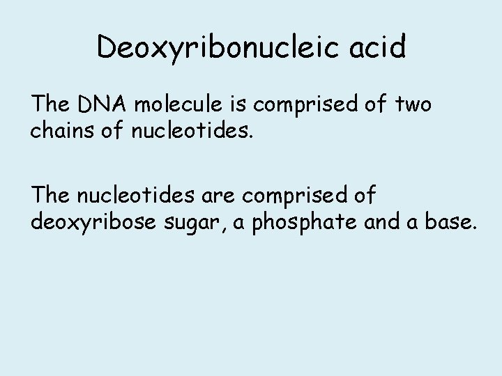 Deoxyribonucleic acid The DNA molecule is comprised of two chains of nucleotides. The nucleotides