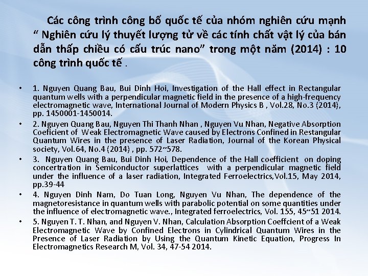 Các công trình công bố quốc tế của nhóm nghiên cứu mạnh “ Nghiên