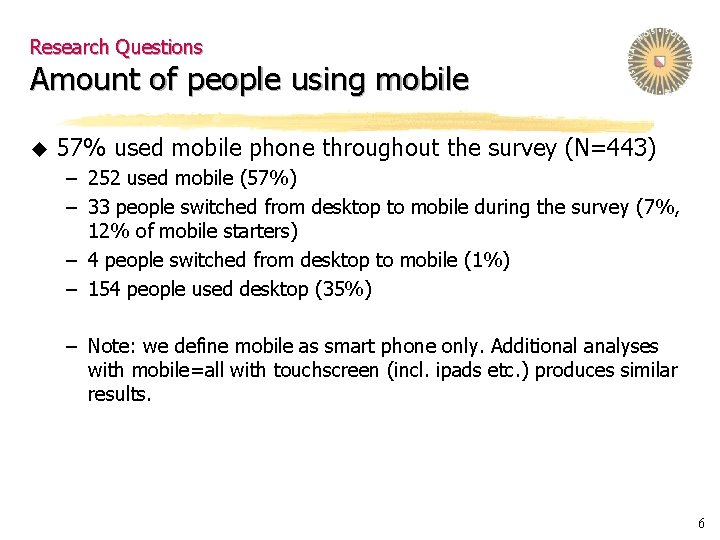 Research Questions Amount of people using mobile u 57% used mobile phone throughout the