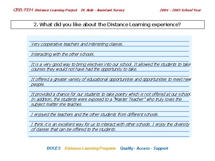 CRB/FEH Distance Learning Project DL Aide - Assistant Survey 2004 – 2005 School Year