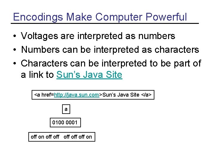 Encodings Make Computer Powerful • Voltages are interpreted as numbers • Numbers can be Encodings Make Computer Powerful • Voltages are interpreted as numbers • Numbers can be