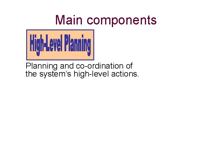 Main components Planning and co-ordination of the system’s high-level actions. 