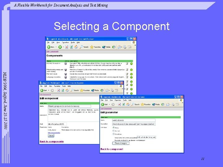 A Flexible Workbench for Document Analysis and Text Mining Selecting a Component NLDB’ 2004,