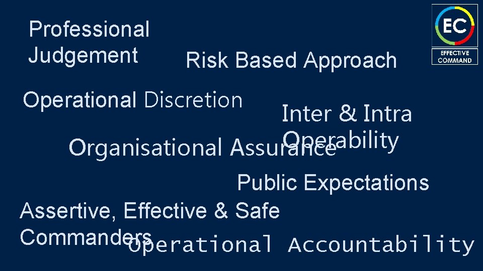 Professional Judgement Risk Based Approach Operational Discretion Inter & Intra Operability Organisational Assurance Public