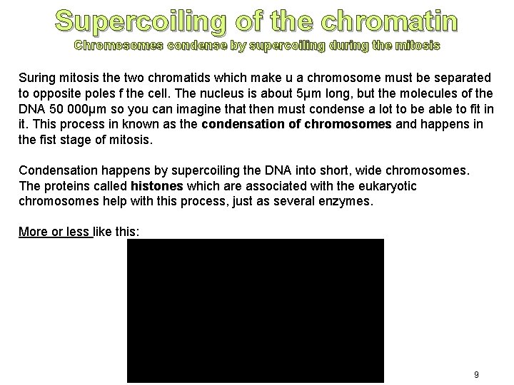 Supercoiling of the chromatin Chromosomes condense by supercoiling during the mitosis Suring mitosis the